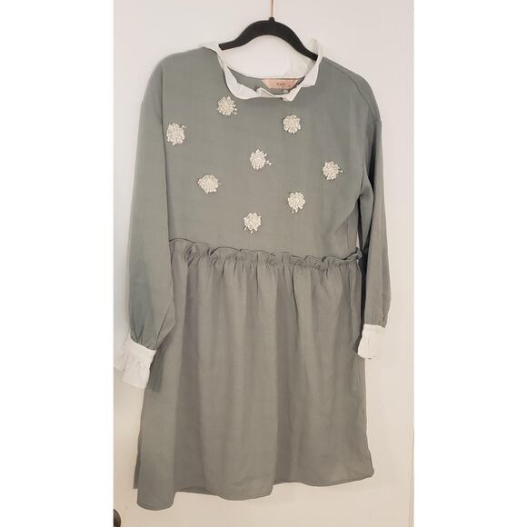 YOCO Dress Womens Small Sage Green Long Sleeve Ruffle Collar Floral Applique - Picture 7 of 16